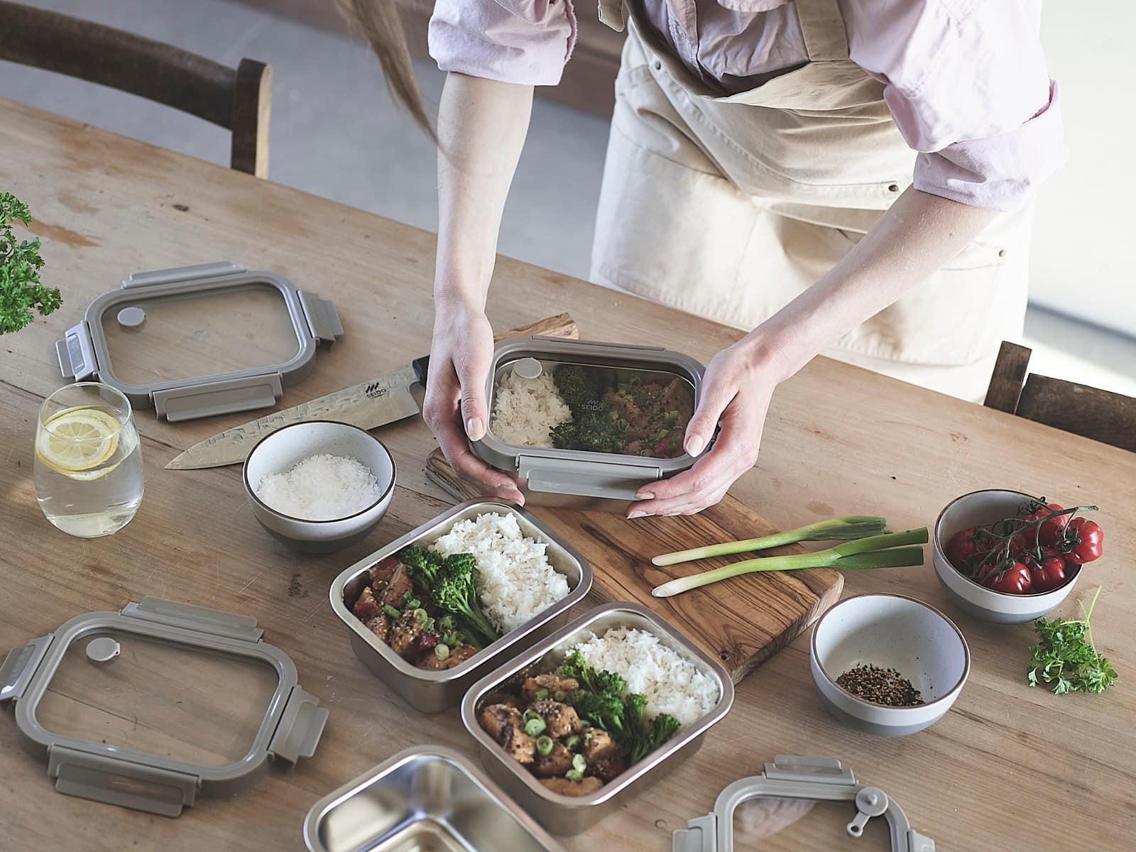 Batch-cooked meals portioned into three SEIDO stainless steel meal prep containers